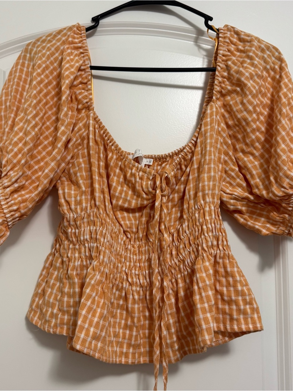 Astr Smocked Puff-Sleeve Peasant Top - Orange Plaid